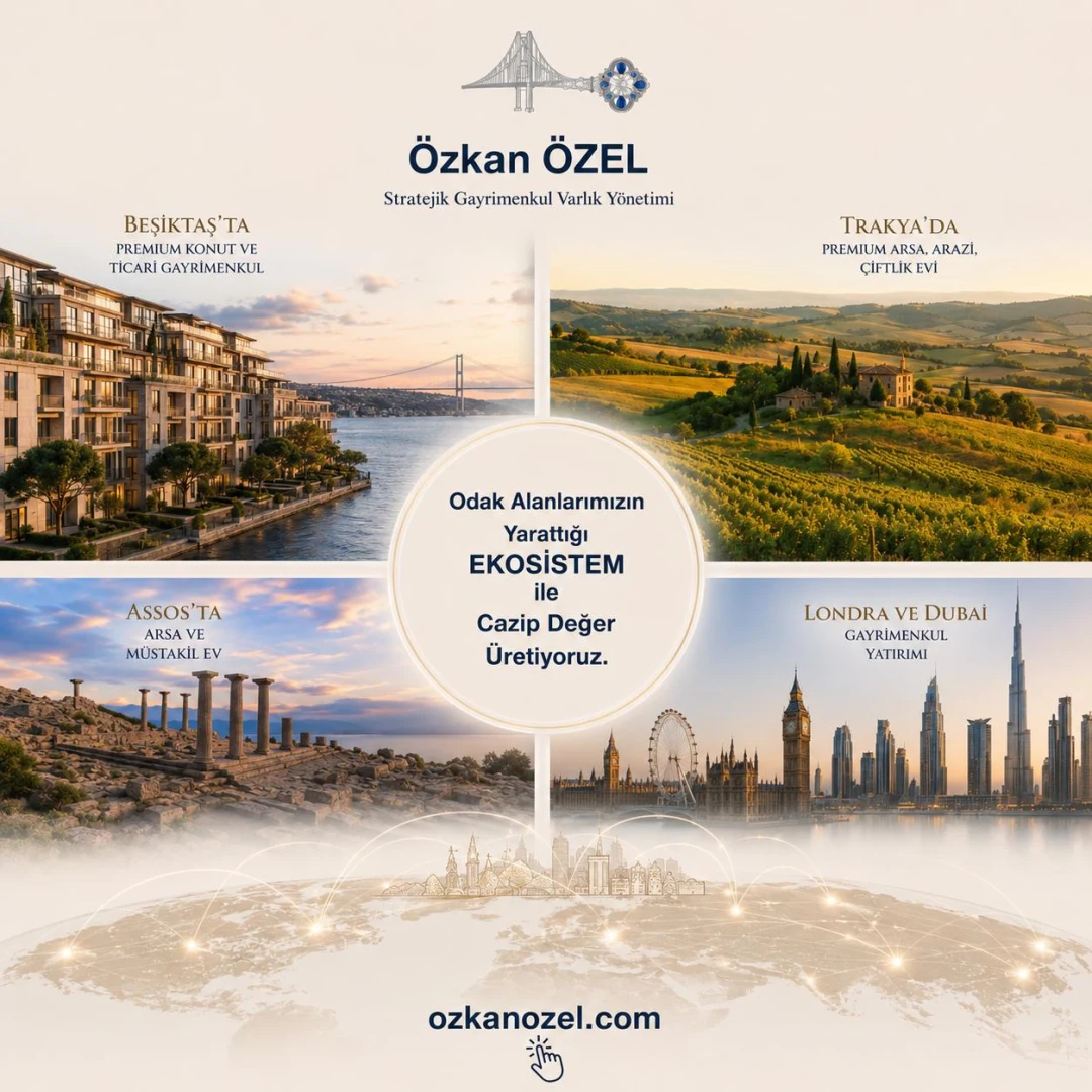 Özkan Özel gayrimenkul ekosistemi — Beşiktaş premium konut ve ticari gayrimenkul, Trakya premium arsa ve çiftlik evi, Assos müstakil ev, Londra ve Dubai yatırım